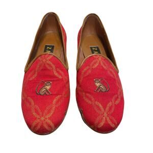 Vintage 1980s Zalo Red Embroidered Monkey Print Slip On Loafers Womens Size 7.5